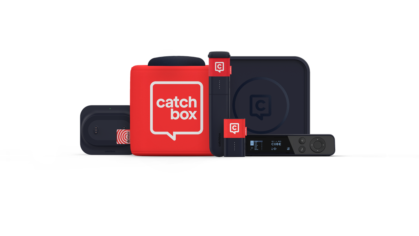 Catchbox Plus system in red — Cube, Clip, Stick, Hub and case