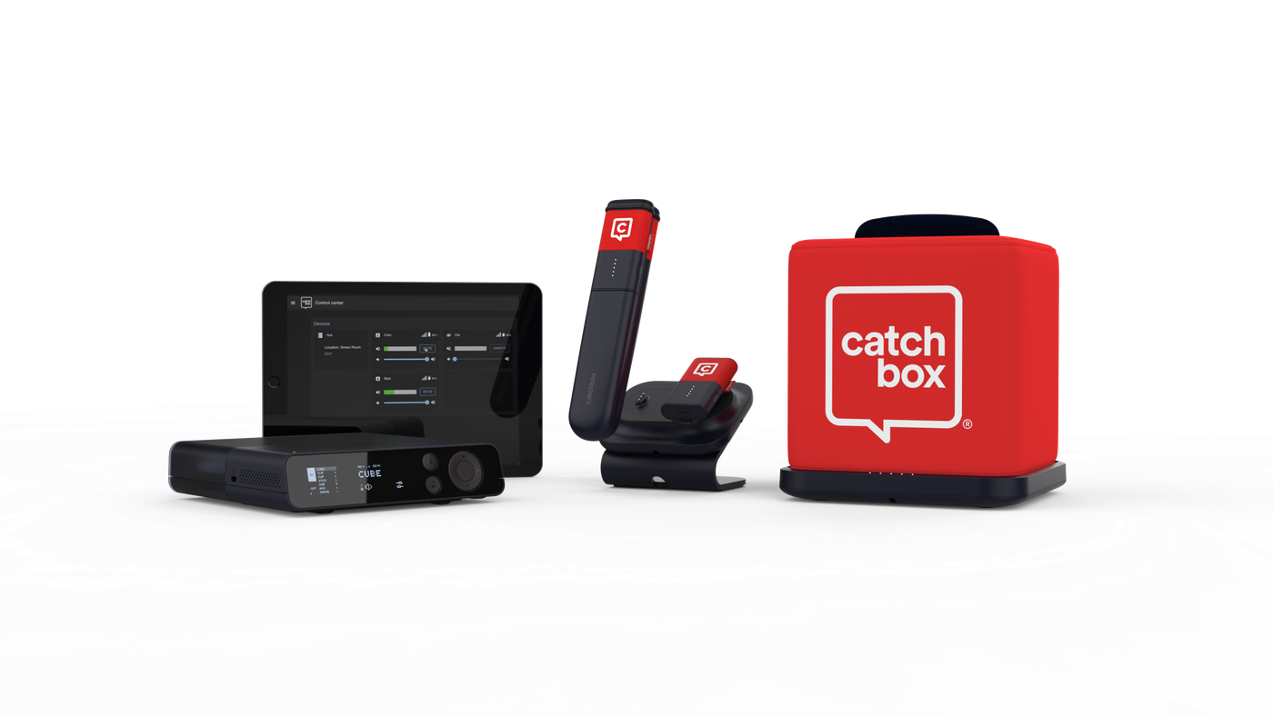 Catchbox Plus system — Hub receiver, throwable Cube, Clip and Stick mics with the control app